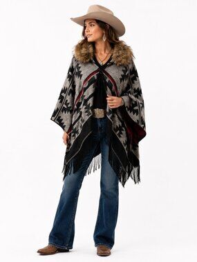 Coffee Shop Aztec Fringe Cardigan Faux Fur Collar Western Boho Wrap‎ One Size